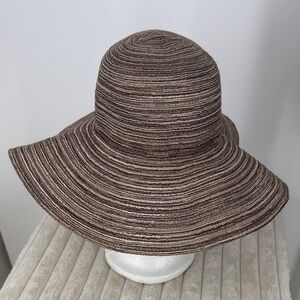 Women's Wide Brim Sun Hat - Brown Striped with bow on back